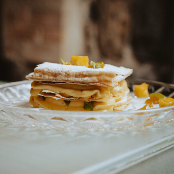 Passion fruit and mango mille feuille